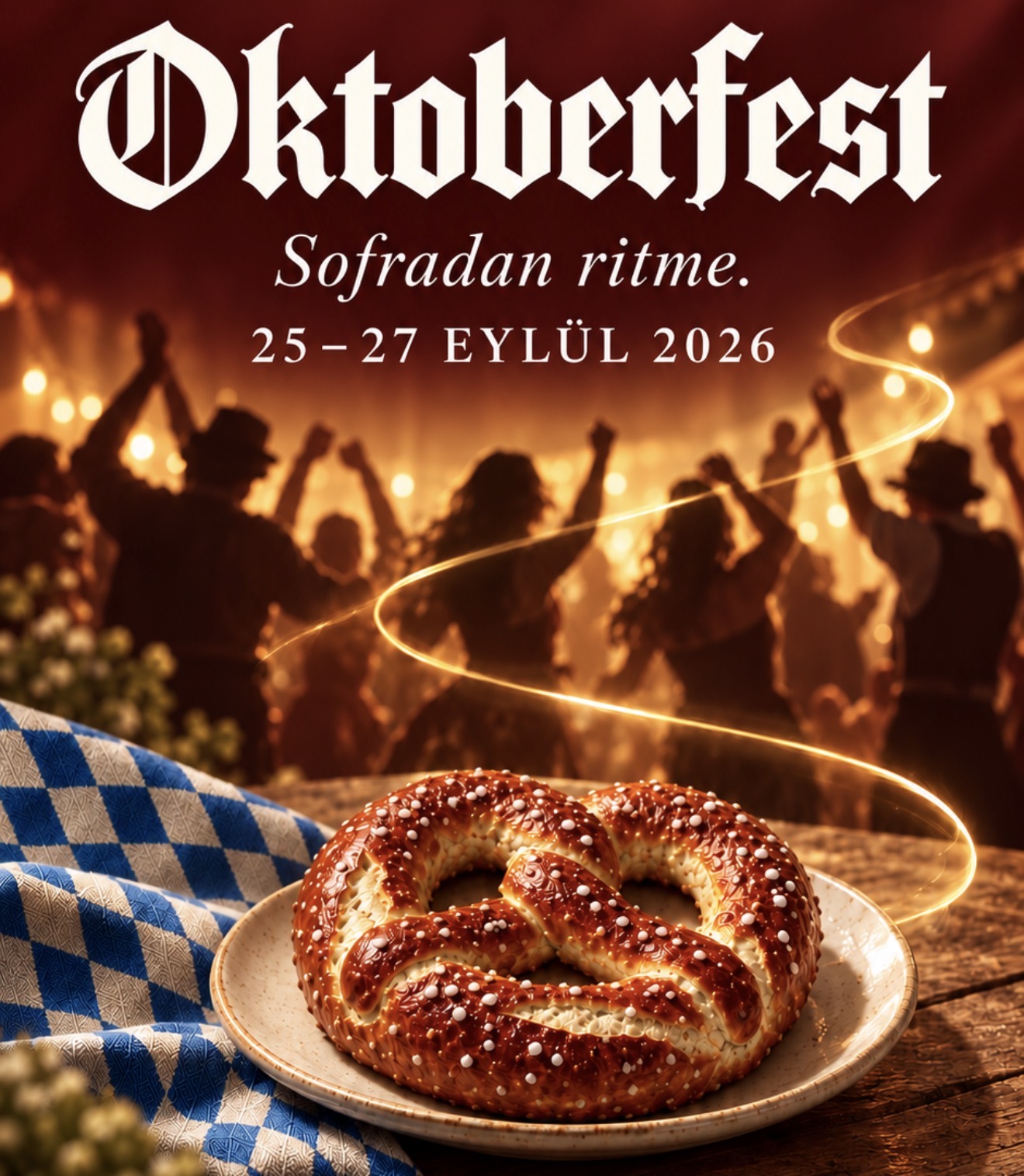No1 Culinaria’nın 25–27 Eylül 2026 Oktoberfest afişi: pretzel, mavi beyaz kumaş ve sıcak ışıklar altında dans eden silüetler.