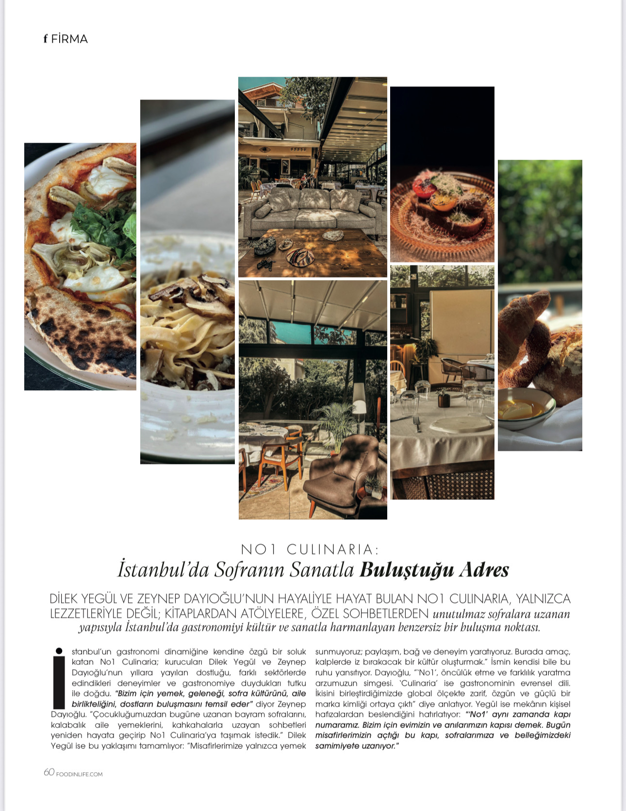 FoodinLife dergisinde İstanbul’da Sofranın Sanatla Buluştuğu Adres başlıklı No1 Culinaria yazısı, sayfa 60