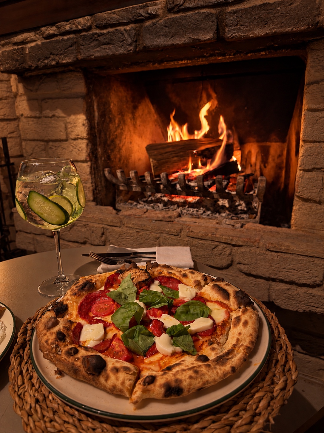 No1 Culinaria’da yanan taş şöminenin önünde pizza ve hazırlanmış sofra