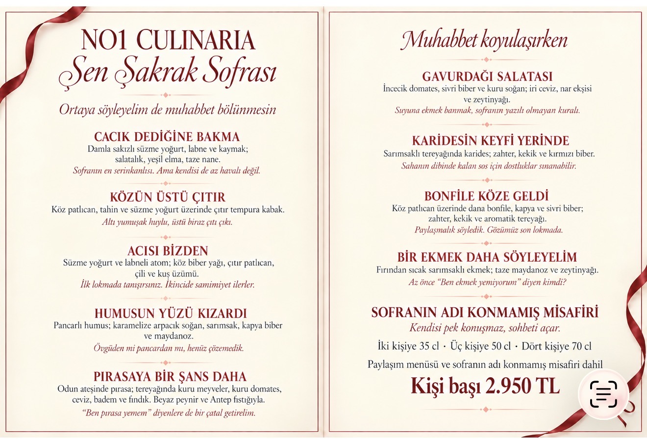 No1 Culinaria Şen Şakrak Sofrası menüsü: şef mezeleri, karides, bonfile ve sofra eşleşmesi dahil kişi başı 2.950 TL