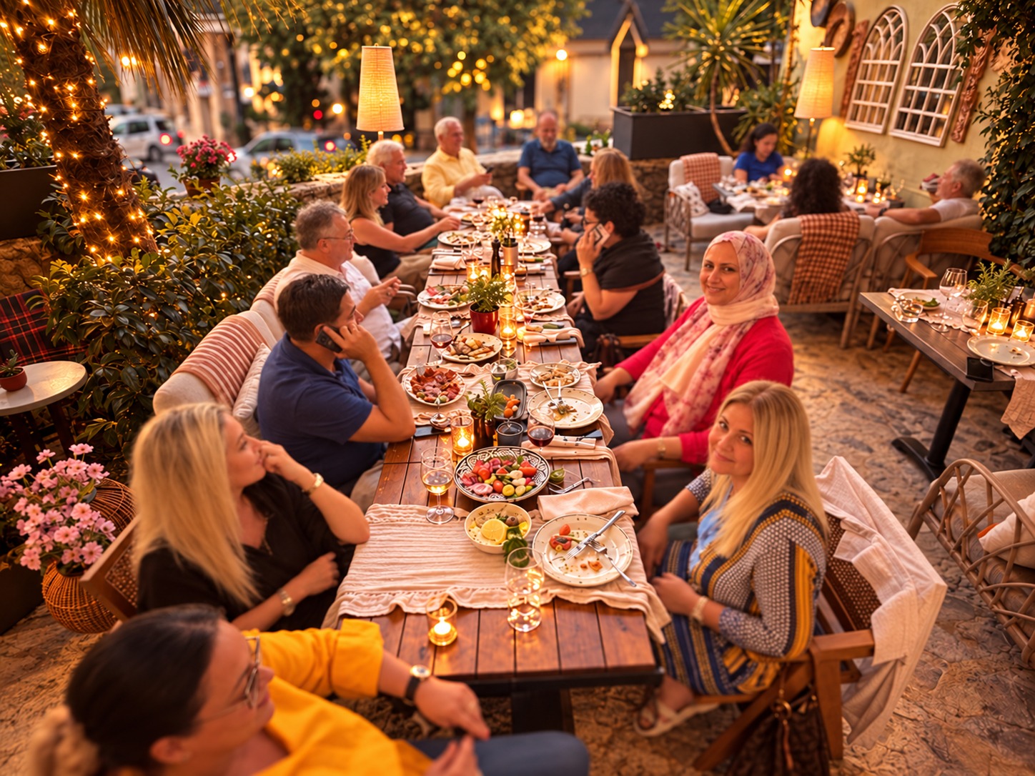 No1 Culinaria’da pazar buluşması için uzun bir masada bir araya gelen misafirler; sıcak ışıklı, sanatsal olarak düzenlenmiş fotoğraf.